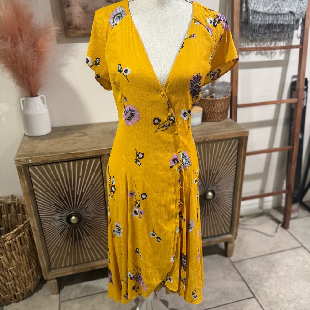 Free People Floral Yellow Wrap Dress Large